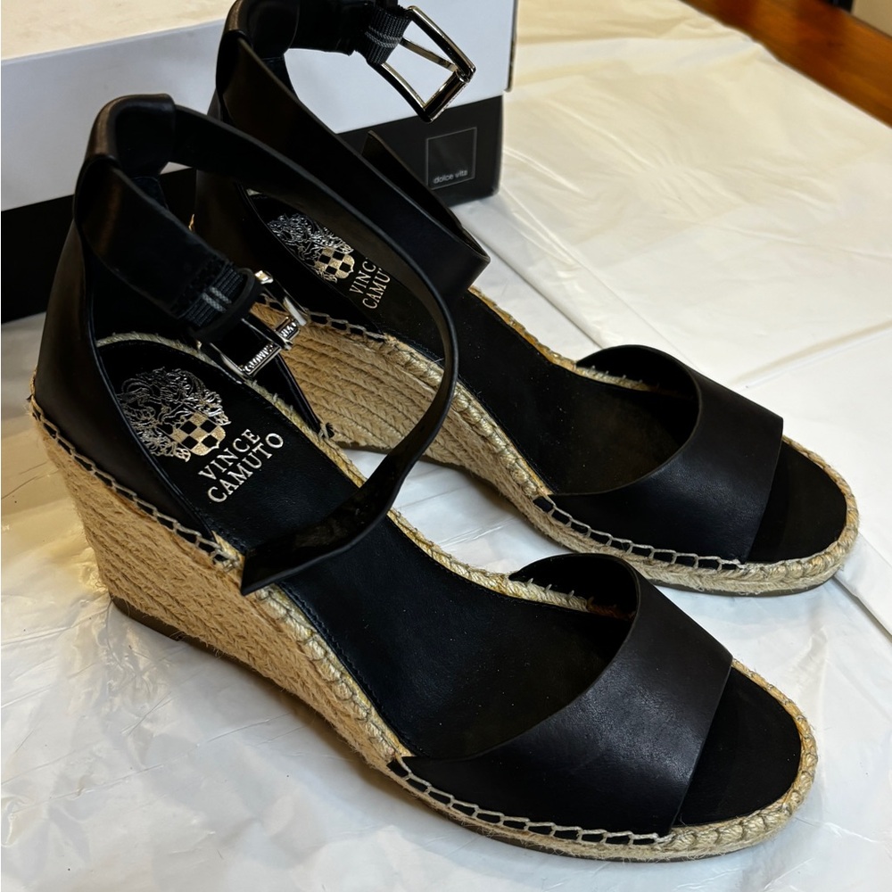 Vince Camuto Black and Tan Wedge Sandals